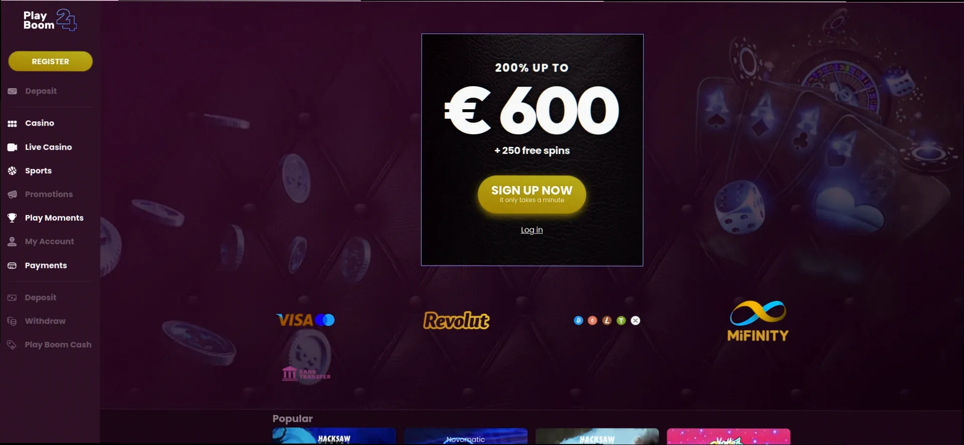 Playboom Casino Tot €500 + 250 Gratis Spins welkomstbonus